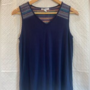 Green Envelope Navy Sleeveless Top with Embroidered Detailing. Medium.
